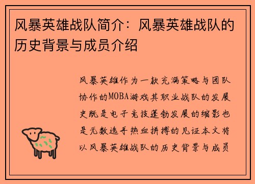 风暴英雄战队简介：风暴英雄战队的历史背景与成员介绍