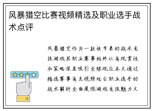 风暴猎空比赛视频精选及职业选手战术点评